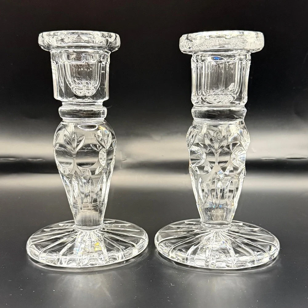Vintage‎ Cut Crystal Taper Candlestick Holders - Pair - Starburst Base